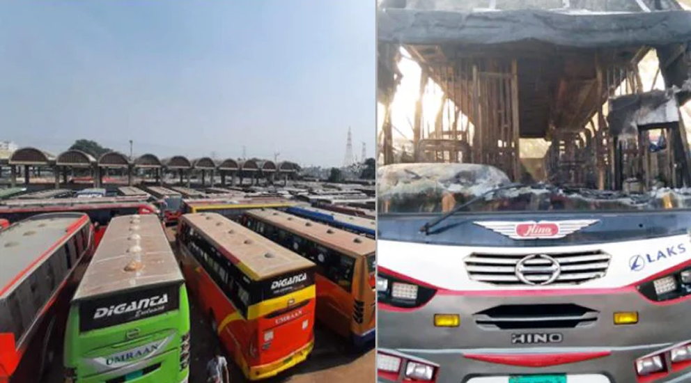 দেশে দূরপাল্লার বাস বন্ধ, নেত্রকোনায় বাসে আ গু ন